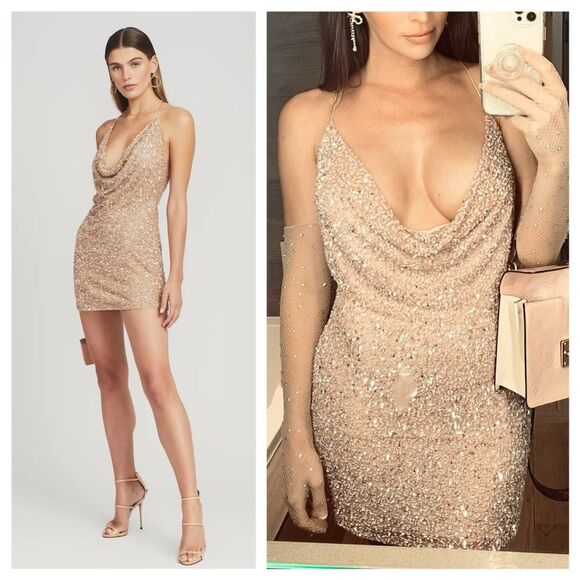 Retrofete Nude Beige Champagne Sequin Beaded Mich Cowl Neck Mini Slip Dress M